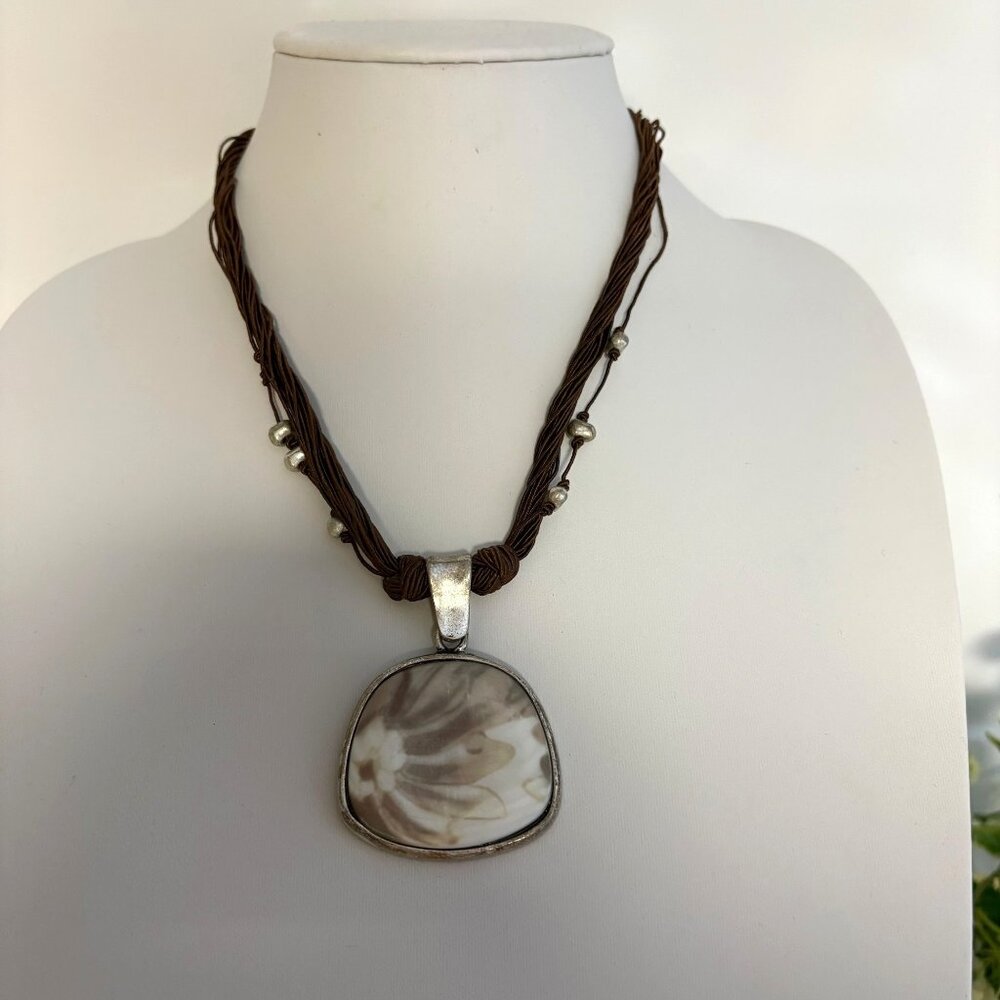 Coldwater Creek Brown Multi-Strand Twisted Cord Necklace Floral Pendant Boho